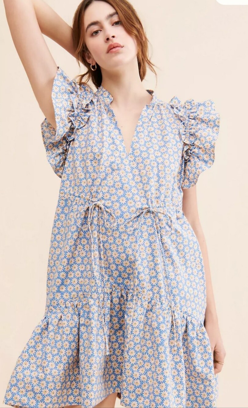 Anthropologie Blue and Yellow Daisy-Print Ruffle Tie-Waist Dress (3x)